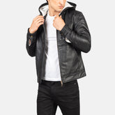Mens Black Hooded Leather Bomber Jacket